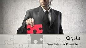  Presentation with creative thinking - PPT theme enhanced with creative thinking - young businessman finishing a puzzle background and a light gray colored foreground