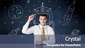  Presentation with rocket - Amazing presentation design having creative thinking - young happy businessman in elegant backdrop and a ocean colored foreground