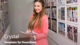  Presentation with creative writing - Theme with creative young casual businesswoman writing notes in office background and a violet colored foreground