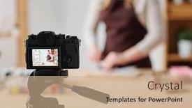  Presentation with making soap - Colorful PPT theme enhanced with creative young woman in home camera recording soap making master class for her subscribers backdrop and a coral colored foreground