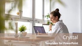  Presentation with creative - Slide deck enhanced with creative-young-woman-working background and a coral colored foreground