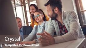  Presentation with business casual - Slide set consisting of creatives business woman leading casual background and a  colored foreground