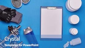  Presentation with nutrition supplements - Theme with creatix - sports nutrition supplements sneakers dumbbells background and a teal colored foreground