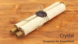  Presentation with old scroll - Colorful PPT layouts enhanced with credence - old scroll on wooden background backdrop and a  colored foreground