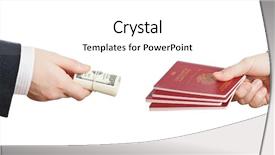  Presentation with passport - Colorful presentation theme enhanced with credentials - business man hand holding rolled backdrop and a white colored foreground