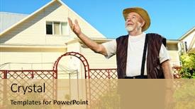  Presentation with health - Beautiful PPT theme featuring credit agricole - happy retired senior man full backdrop and a coral colored foreground