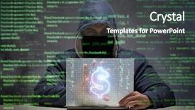  Presentation with hacker - Slide set enhanced with credit card fraud - hacker stealing dollars from bank background and a dark gray colored foreground