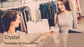  Presentation with credit card - Theme consisting of happy woman customer paying with credit card in fashion showroom background and a coral colored foreground