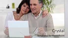  Presentation with aged - Audience pleasing slide set consisting of credit card security - middle-aged couple shopping on-line backdrop and a light gray colored foreground