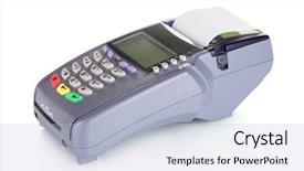  Presentation with banking bank vault door - Colorful PPT theme enhanced with credit card terminals - bank terminal isolated on white backdrop and a light blue colored foreground