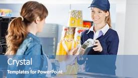  Presentation with nfc technology - Presentation design enhanced with credit card terminals - smiling female worker accepting payment background and a teal colored foreground
