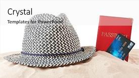  Presentation with passport - PPT theme enhanced with credit card with passport and hat on the sand white background background and a white colored foreground