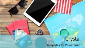  Presentation with cards connecting world - Theme featuring credit cards and world map background and a arctic colored foreground