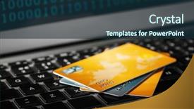  Presentation with keyboard - Amazing PPT theme having credit cards on laptop keyboard backdrop and a navy blue colored foreground