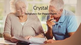  Presentation with at home senior care - Colorful PPT theme enhanced with credit crunch - senior couple counting bills backdrop and a coral colored foreground