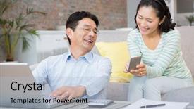  Presentation with weight loss woman showing - Beautiful slide deck featuring credit crunch - smiling woman showing smartphone backdrop and a light blue colored foreground