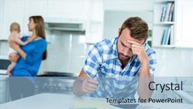  Presentation with education and finance - PPT theme enhanced with credit crunch - tensed father calculating home finance background and a  colored foreground