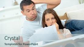 Presentation with bills - Presentation theme enhanced with credit crunch - worried couple looking at bills background and a  colored foreground