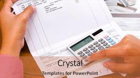  Presentation with calculator - Beautiful presentation featuring credit loans - woman calculation all the bills backdrop and a coral colored foreground