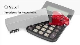  Presentation with large industrial mining dump truck - Presentation with credit repair - calculator and toy truck car background and a white colored foreground