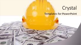  Presentation with bills - PPT theme featuring credit repair - construction yellow helmet over many background and a yellow colored foreground