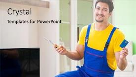  Presentation with classics professional - Slide set featuring credit repair - male professional serviceman repairing tv background and a soft green colored foreground