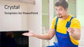  Presentation with simples professional - Slide set featuring credit repair - male professional serviceman repairing tv background and a soft green colored foreground