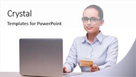  Presentation with online shopping - Theme having credit risk bank customers - woman in online shopping concept background and a white colored foreground