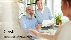  Presentation with man vs woman - Slide deck with credit sales presentation - mature man and woman background and a  colored foreground