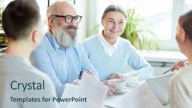  Presentation with discussion - Presentation having credit sales presentation - young and senior colleagues sitting background and a lemonade colored foreground