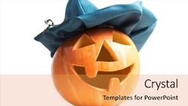  Presentation with creepy - PPT layouts enhanced with creepy carved pumpkin face with a smile background and a gold colored foreground