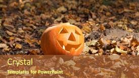  Presentation with creepy - Slide deck with creepy carved pumpkin face with a smile in park background and a tawny brown colored foreground
