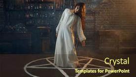  Presentation with creepy - PPT theme consisting of creepy-demonic-woman-standing background and a tawny brown colored foreground