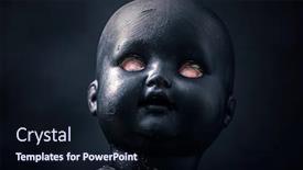  Presentation with creepy doll - Audience pleasing PPT theme consisting of creepy-doll-in-the-dark backdrop and a wine colored foreground