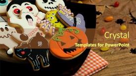  Presentation with creepy - Slide set consisting of creepy halloween cookies and candies on a wooden table background and a tawny brown colored foreground
