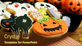  Presentation with creepy - Beautiful PPT layouts featuring creepy halloween cookies and pumpkin baskets filled with candies on a wooden table backdrop and a tawny brown colored foreground