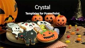  Presentation with creepy - Colorful slide set enhanced with creepy halloween cookies and pumpkin baskets filled with candies on a wooden table backdrop and a black colored foreground