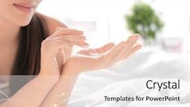  Presentation with cream - Cool new slide set with creme anti age - young woman applying hand cream backdrop and a sky blue colored foreground