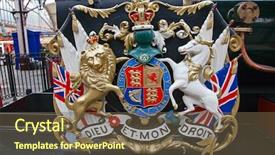  Presentation with steam train - Slide deck enhanced with crest shield - lion and unicorn on english background and a tawny brown colored foreground