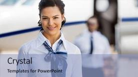  Presentation with private jet - Cool new slide deck with crew - portrait of pretty stewardesses smiling backdrop and a light blue colored foreground