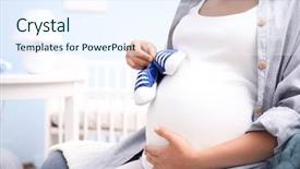  Presentation with baby shoes - Theme featuring crib - pregnant woman holding baby shoes background and a sky blue colored foreground