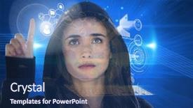  Presentation with hand touching finger digital - Slide deck having crime mapping - woman hacker touching the screen background and a  colored foreground