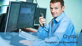  Presentation with video surveillance - Audience pleasing slide deck consisting of crime prevention - security worker during monitoring video backdrop and a light blue colored foreground