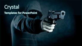  Presentation with gun - PPT layouts enhanced with crime thriller - hooded man with a gun background and a navy blue colored foreground