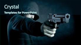  Presentation with gun - Slide set featuring crime thriller - hooded man with a gun background and a navy blue colored foreground