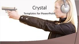  Presentation with ear - Presentation design with crime thriller - young female shooter with pistol background and a white colored foreground
