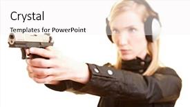  Presentation with ear - Amazing presentation theme having crime thriller - young female shooter with pistol backdrop and a white colored foreground