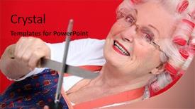  Presentation with knives - Amazing slide set having crime women - grandmother with haircurlers sharpening knives backdrop and a crimson colored foreground