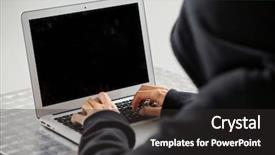  Presentation with hacker white - Amazing presentation theme having crime women - hacker sitting at table backdrop and a dark gray colored foreground