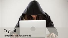  Presentation with hacker white - Beautiful PPT theme featuring crime women - hacker sitting at table backdrop and a light gray colored foreground
